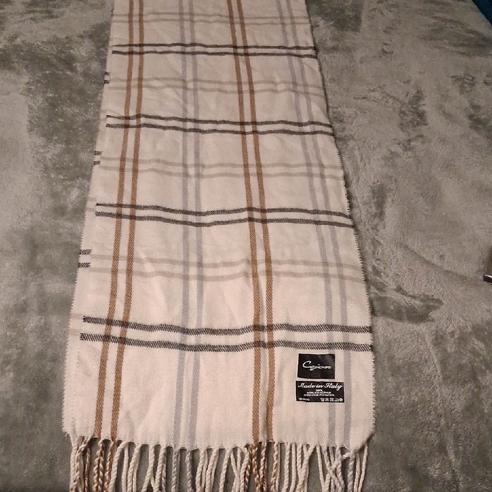 Cejon Cream Plaid Fringe Scarf with Tan and Gray Stripes